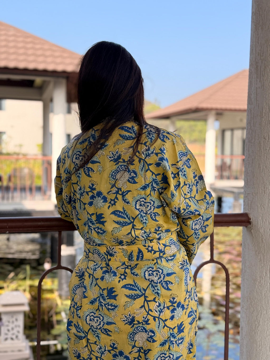 Hand Block Print Cotton Bathrobe, Natural Dye Kimono Robe, Lightweight Spa Robe, Handmade Gift for Her or Him