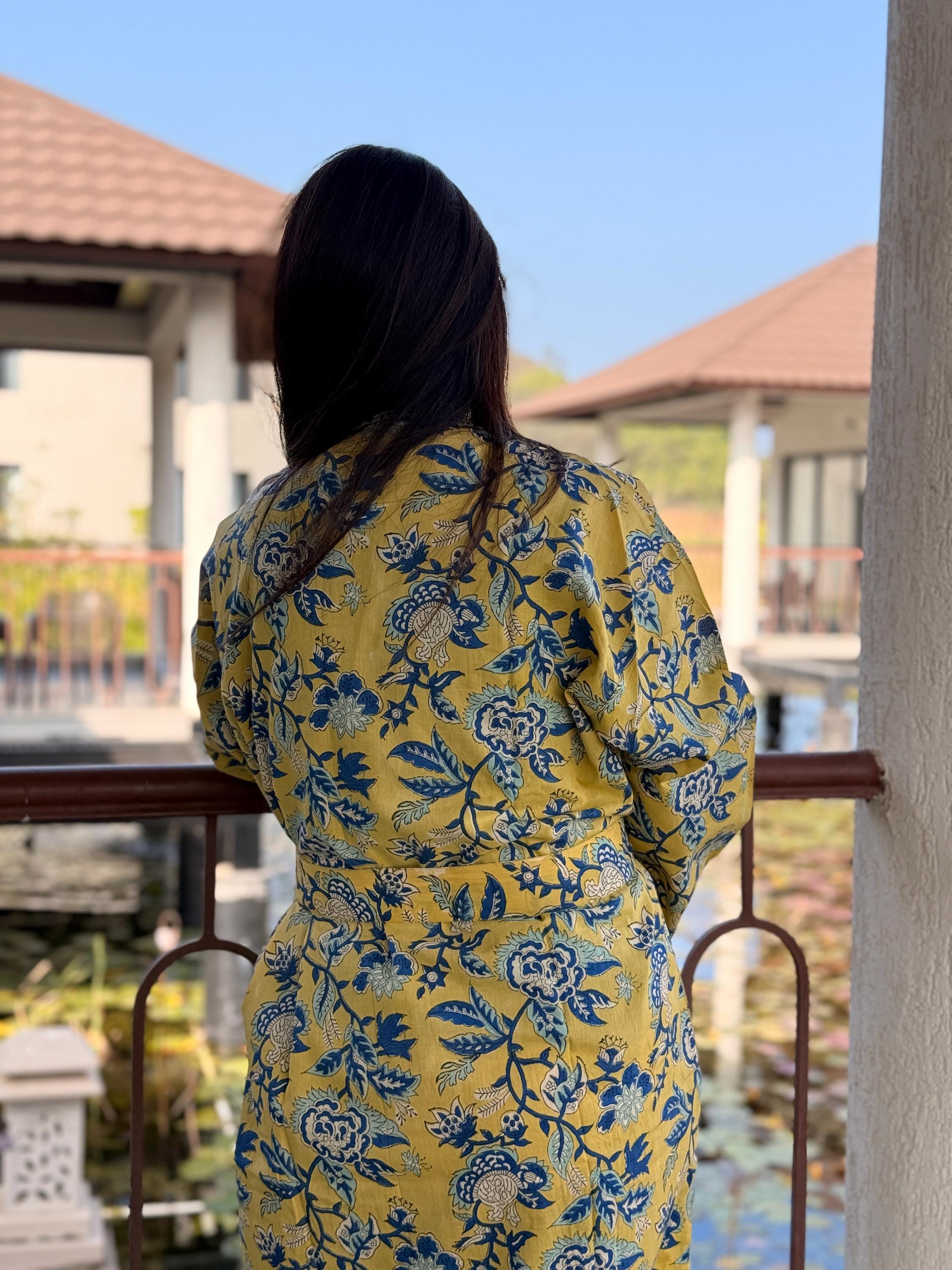 Hand Block Print Cotton Bathrobe, Natural Dye Kimono Robe, Lightweight Spa Robe, Handmade Gift for Her or Him