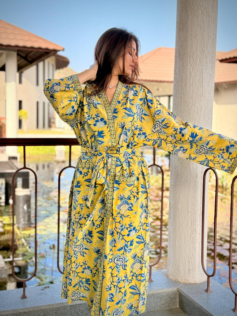 Hand Block Print Cotton Bathrobe, Natural Dye Kimono Robe, Lightweight Spa Robe, Handmade Gift for Her or Him
