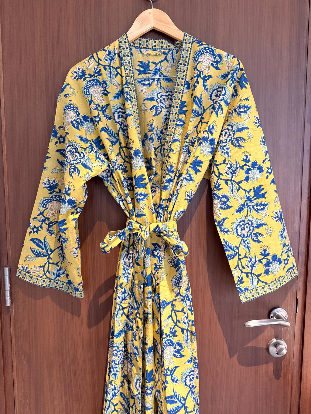 Hand Block Print Cotton Bathrobe, Natural Dye Kimono Robe, Lightweight Spa Robe, Handmade Gift for Her or Him