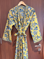 Hand Block Print Cotton Bathrobe, Natural Dye Kimono Robe, Lightweight Spa Robe, Handmade Gift for Her or Him