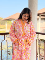 Hand Block Print Cotton Bathrobe, Natural Dye Kimono Robe, Lightweight Spa Robe, Handmade Gift for Her or Him