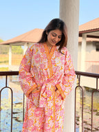 Hand Block Print Cotton Bathrobe, Natural Dye Kimono Robe, Lightweight Spa Robe, Handmade Gift for Her or Him