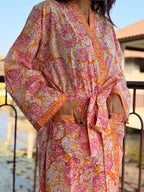 Hand Block Print Cotton Bathrobe, Natural Dye Kimono Robe, Lightweight Spa Robe, Handmade Gift for Her or Him
