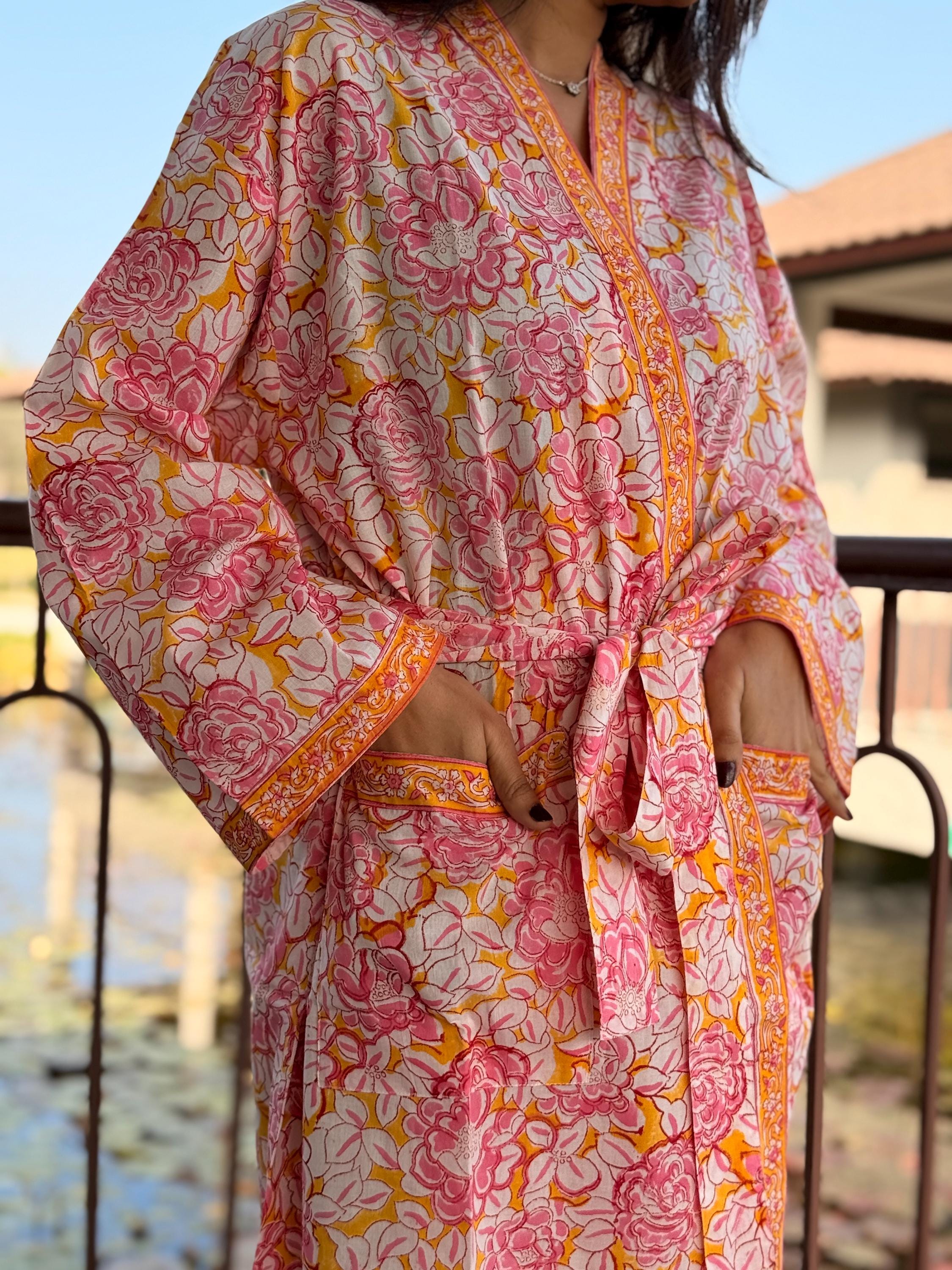 Hand Block Print Cotton Bathrobe, Natural Dye Kimono Robe, Lightweight Spa Robe, Handmade Gift for Her or Him