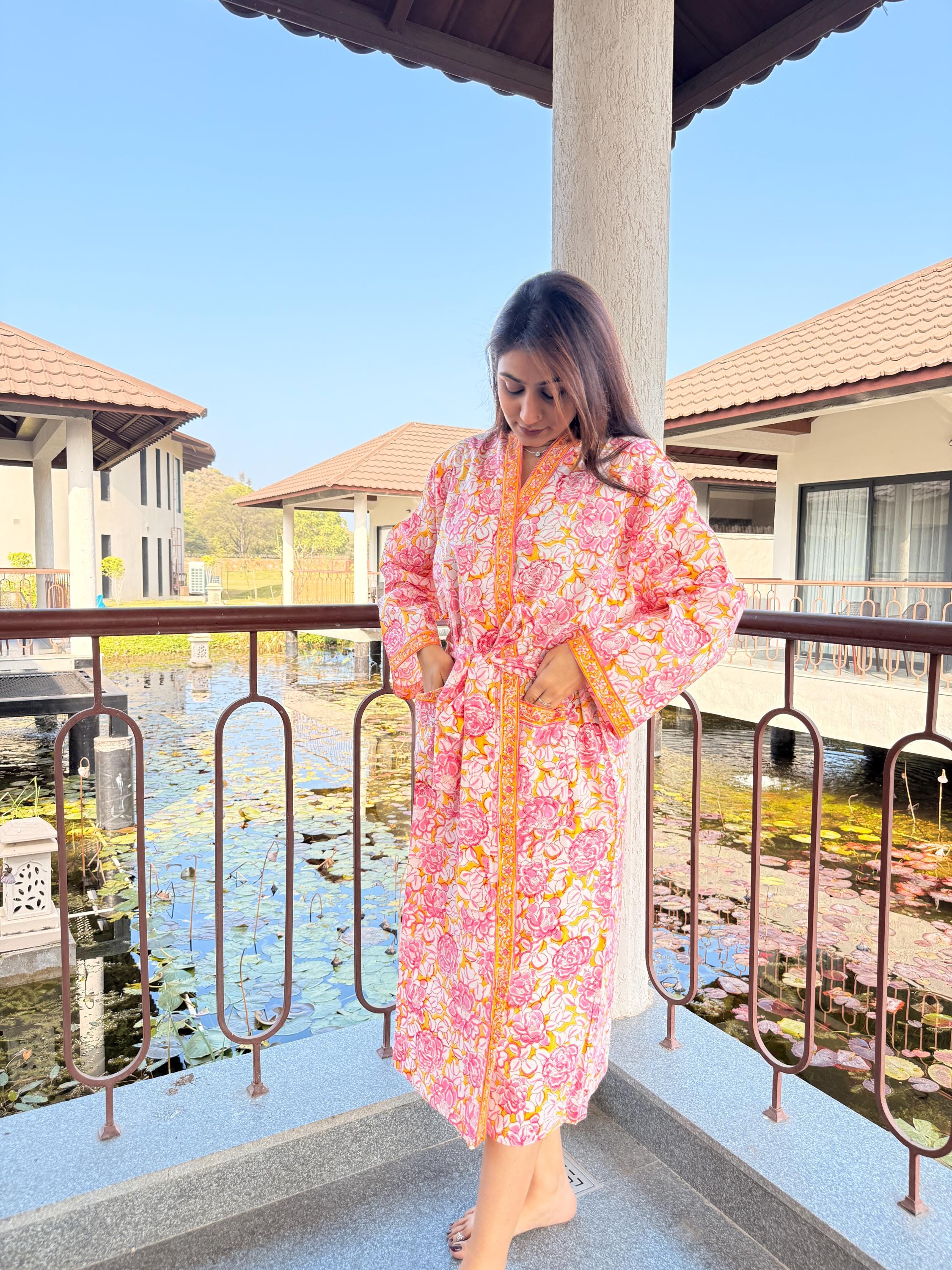 Hand Block Print Cotton Bathrobe, Natural Dye Kimono Robe, Lightweight Spa Robe, Handmade Gift for Her or Him
