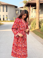 Hand Block Print Cotton Waffle Robe, Floral Kimono Loungewear
