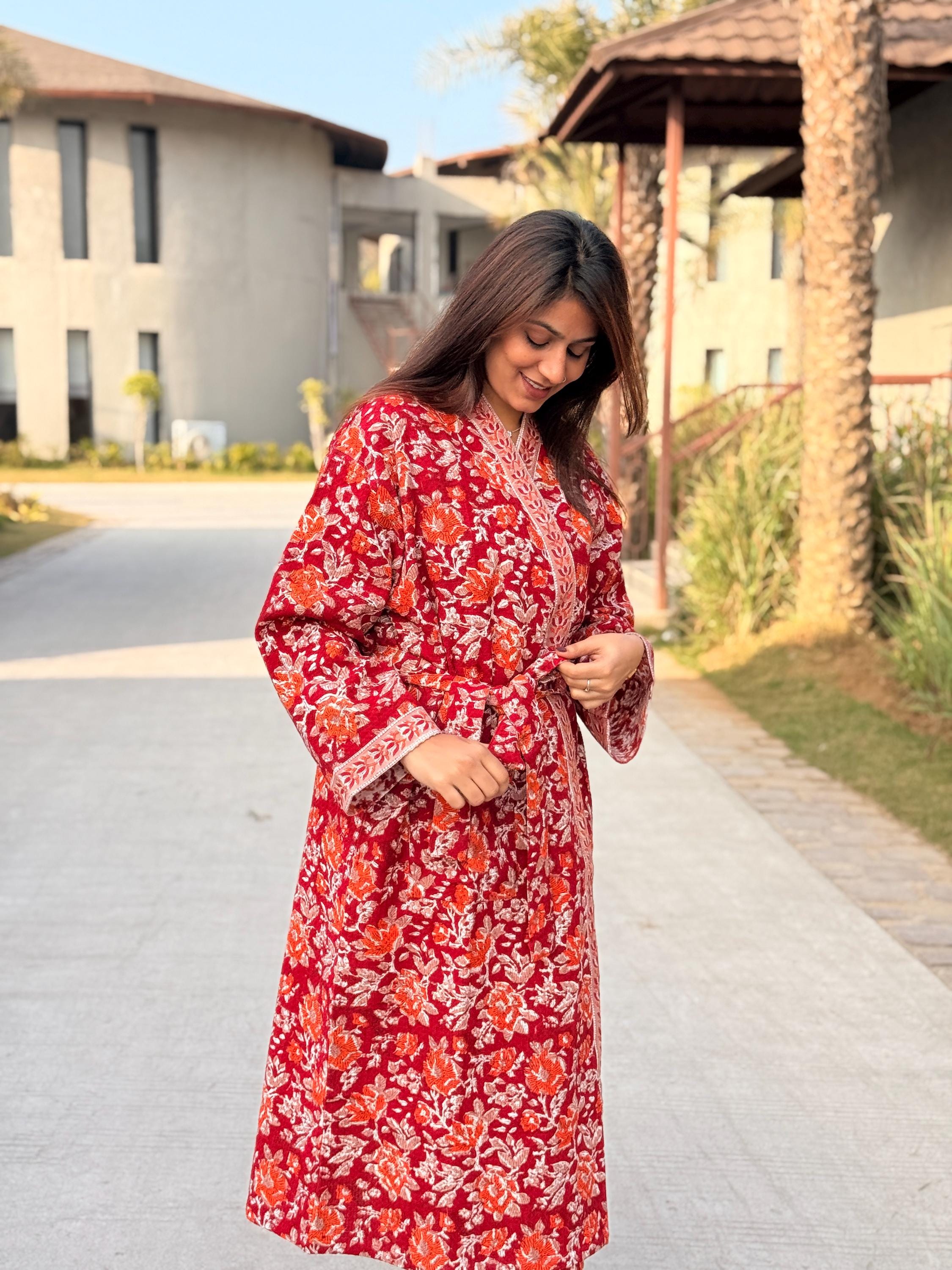 Hand Block Print Cotton Waffle Robe, Floral Kimono Loungewear