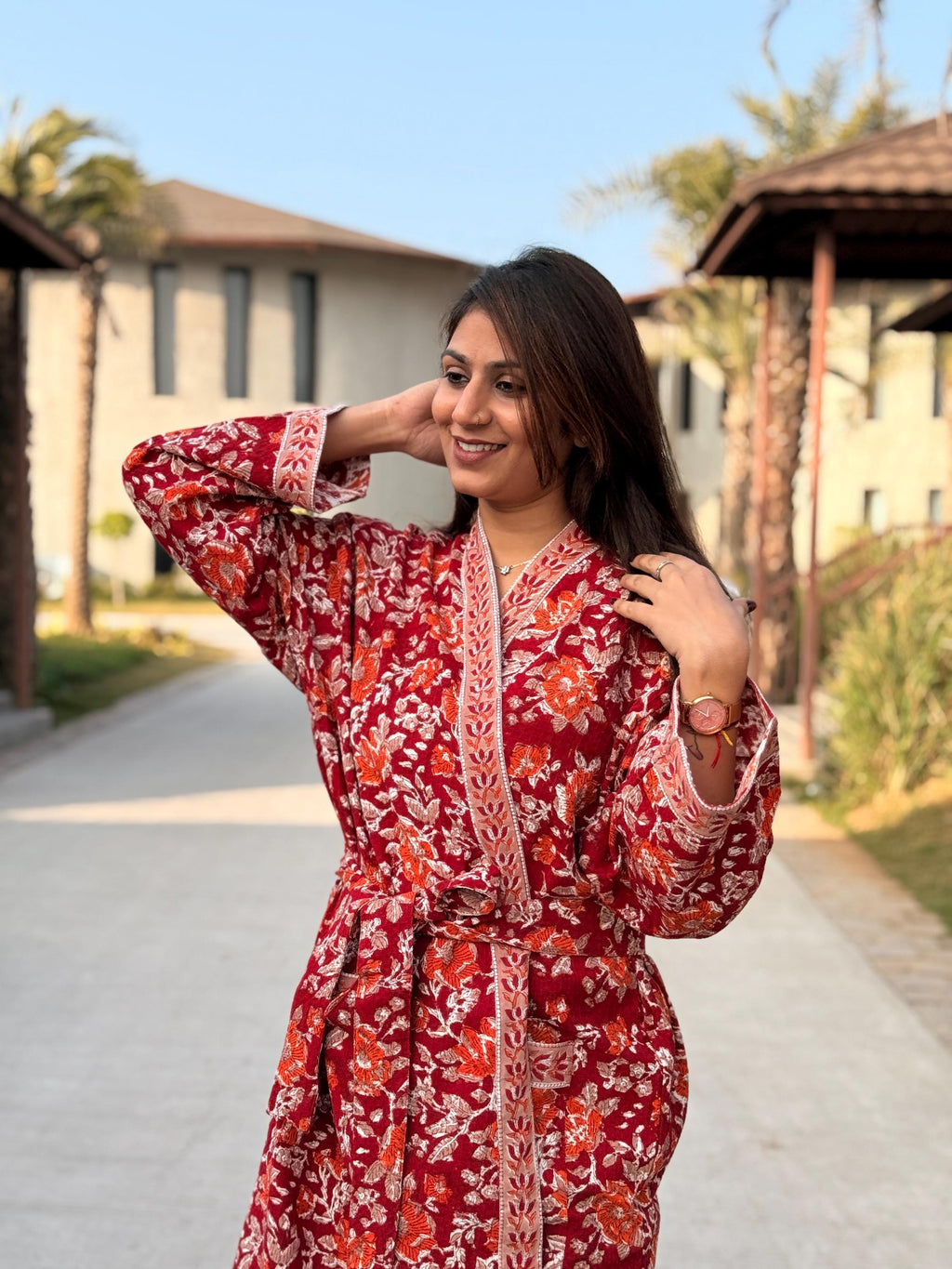 Hand Block Print Cotton Waffle Robe, Floral Kimono Loungewear