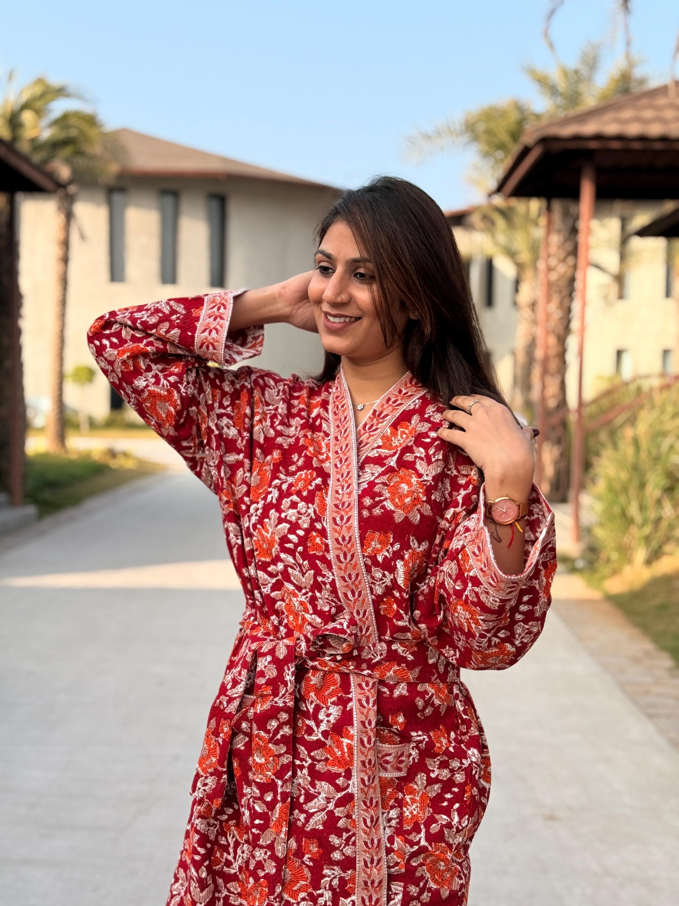 Hand Block Print Cotton Waffle Robe, Floral Kimono Loungewear