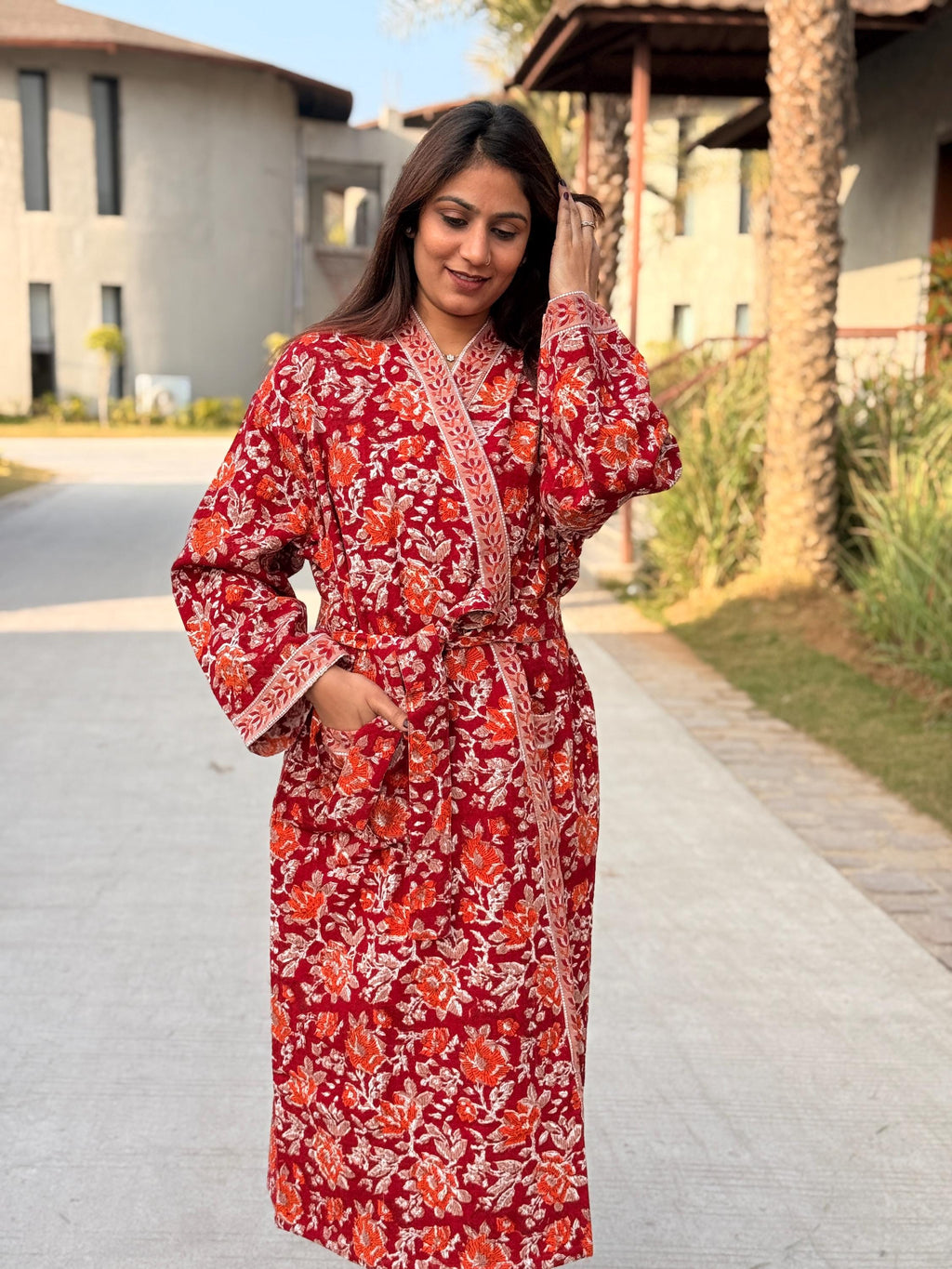 Hand Block Print Cotton Waffle Robe, Floral Kimono Loungewear
