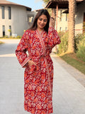 Hand Block Print Cotton Waffle Robe, Floral Kimono Loungewear