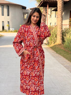 Hand Block Print Cotton Waffle Robe, Floral Kimono Loungewear