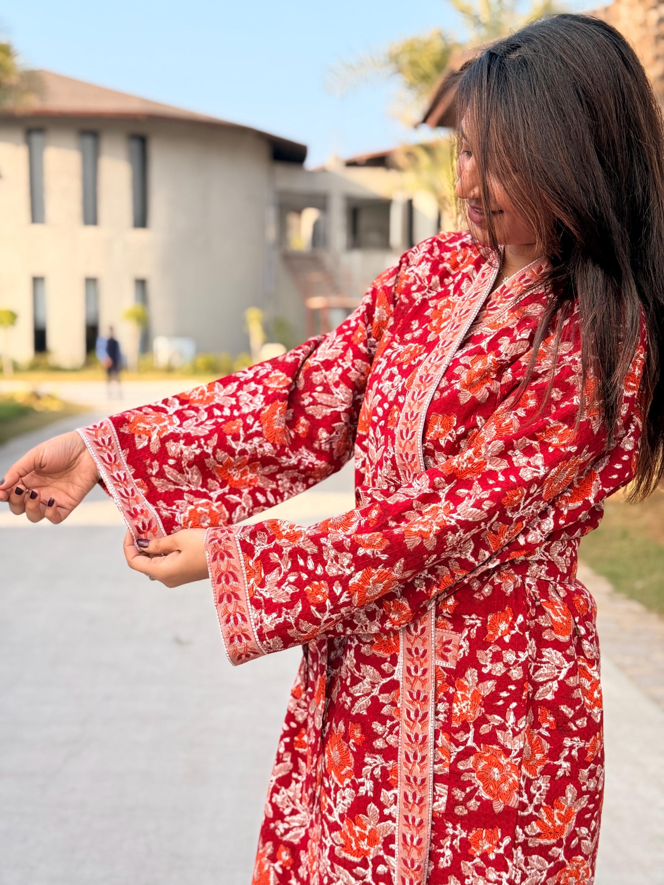 Hand Block Print Cotton Waffle Robe, Floral Kimono Loungewear