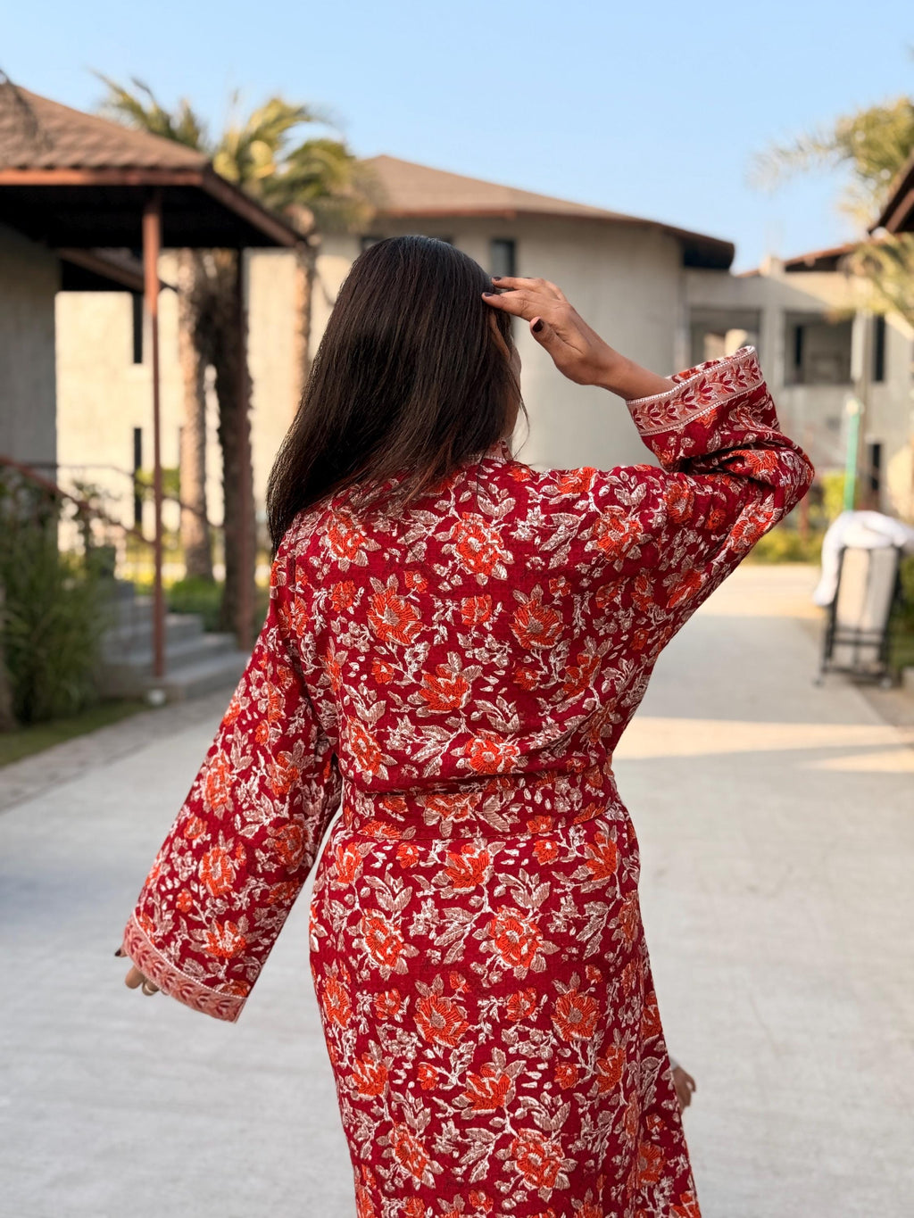 Hand Block Print Cotton Waffle Robe, Floral Kimono Loungewear