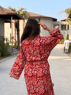 Hand Block Print Cotton Waffle Robe, Floral Kimono Loungewear