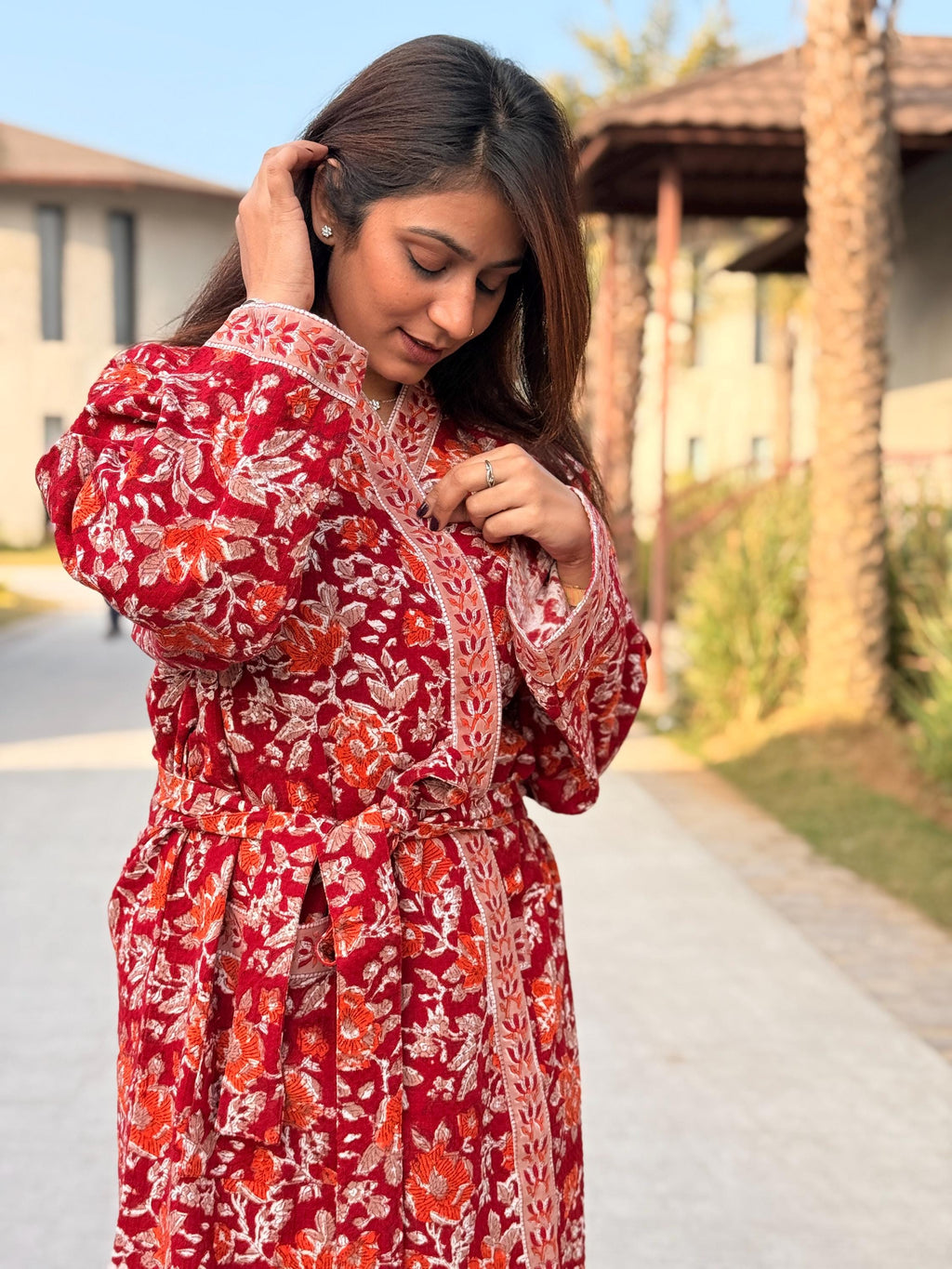 Hand Block Print Cotton Waffle Robe, Floral Kimono Loungewear
