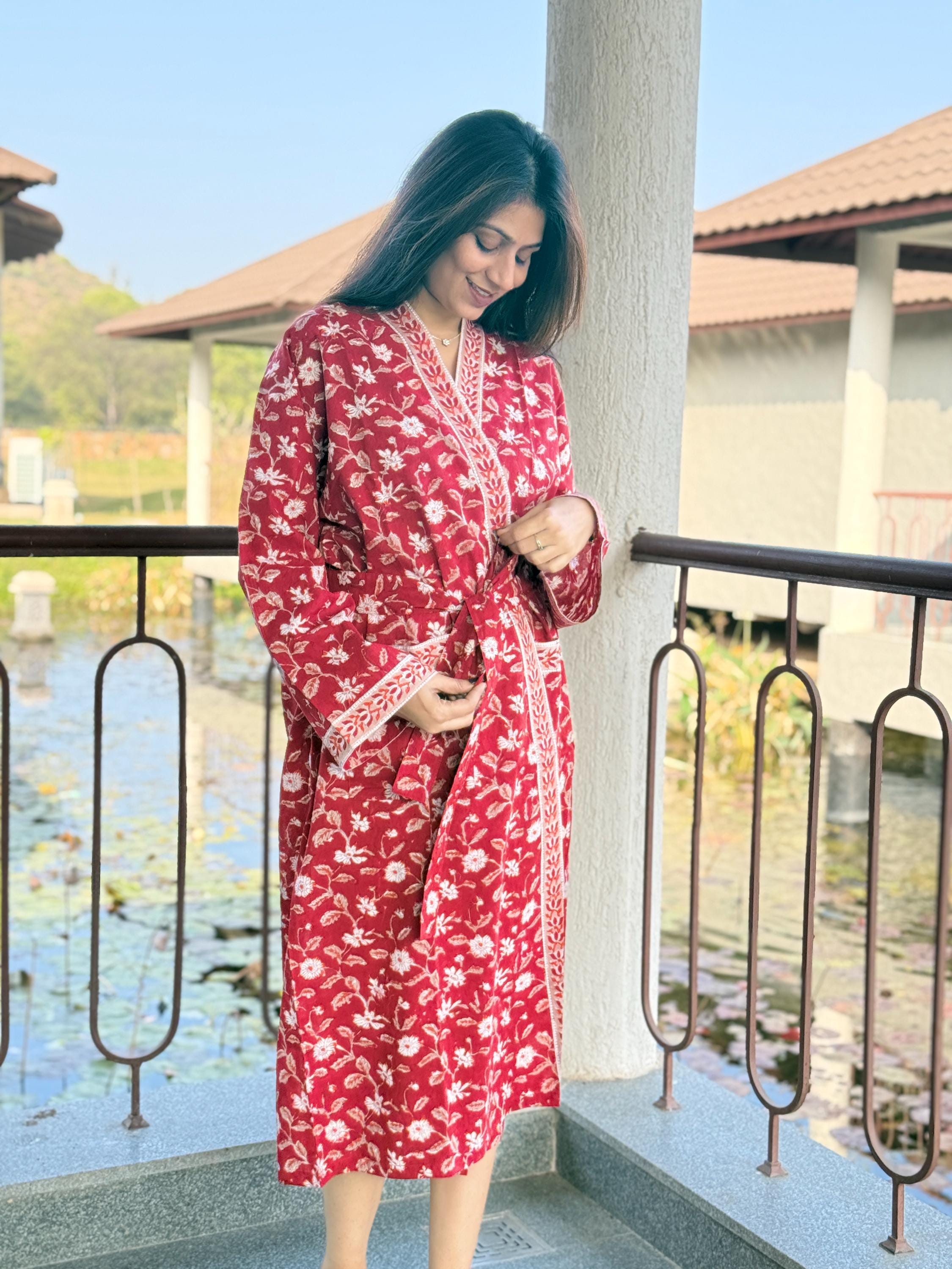 Hand Block Print Cotton Bathrobe, Natural Dye Kimono Robe, Lightweight Spa Robe, Handmade Gift for Her or Him
