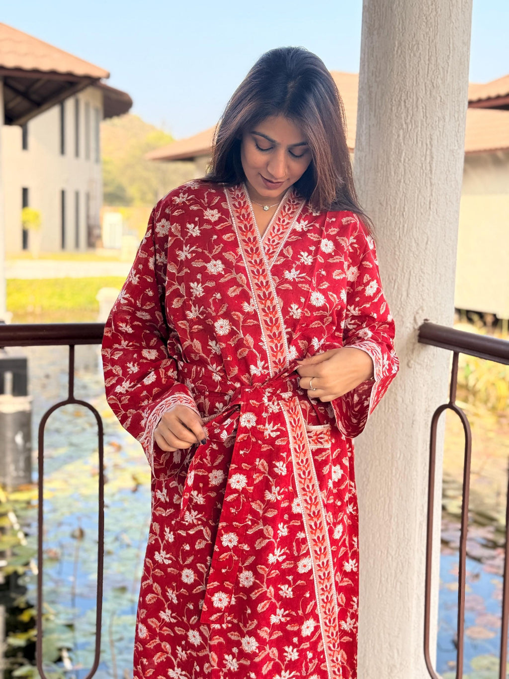 Hand Block Print Cotton Bathrobe, Natural Dye Kimono Robe, Lightweight Spa Robe, Handmade Gift for Her or Him