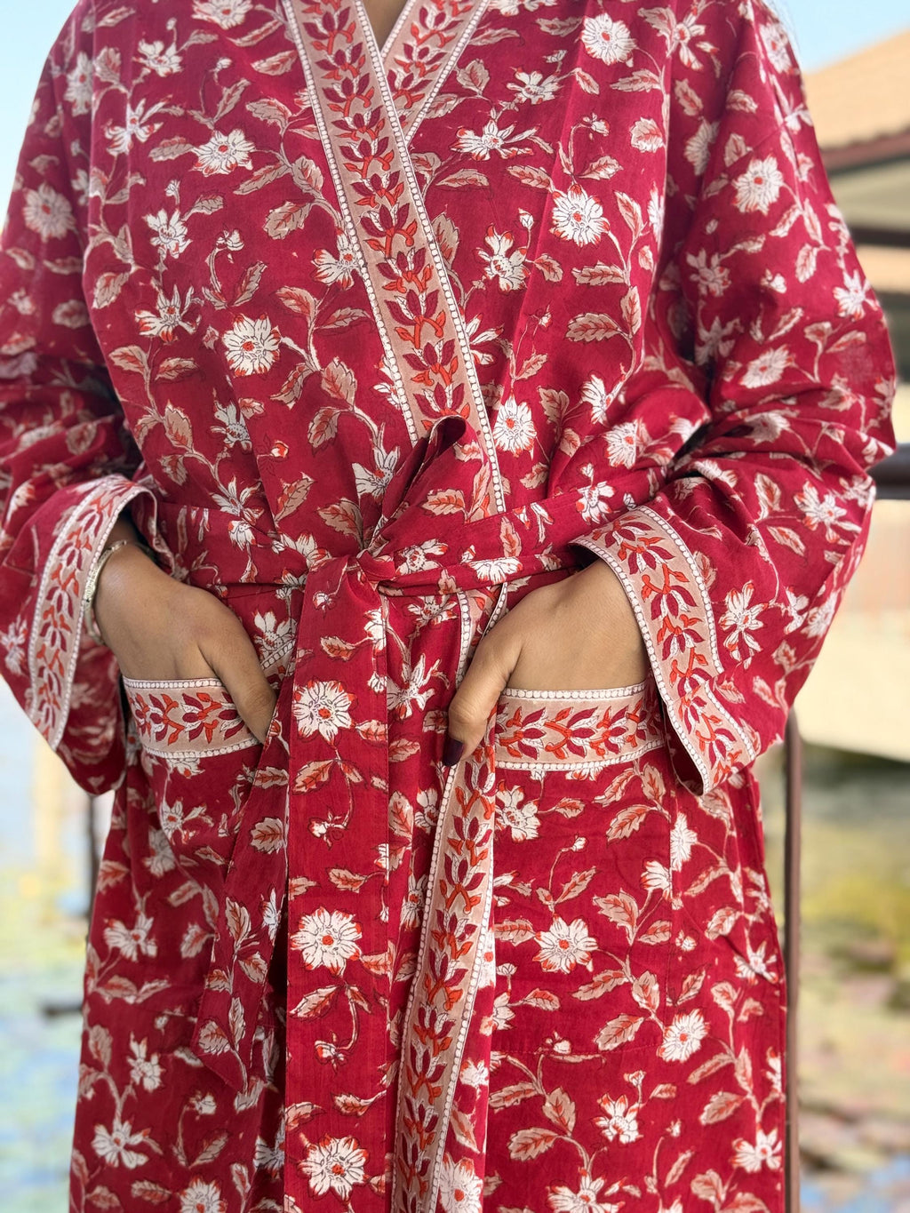 Hand Block Print Cotton Bathrobe, Natural Dye Kimono Robe, Lightweight Spa Robe, Handmade Gift for Her or Him