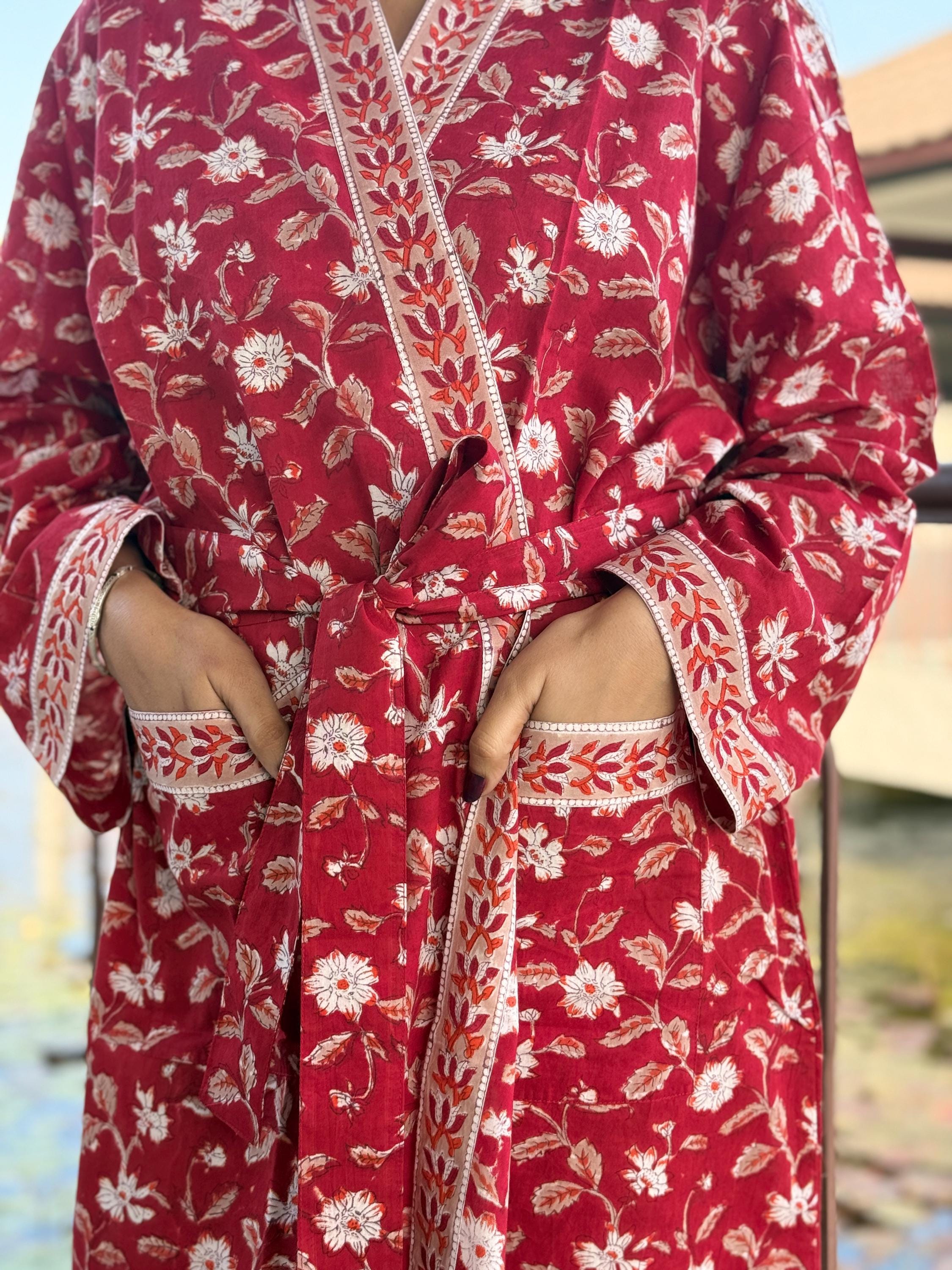 Hand Block Print Cotton Bathrobe, Natural Dye Kimono Robe, Lightweight Spa Robe, Handmade Gift for Her or Him