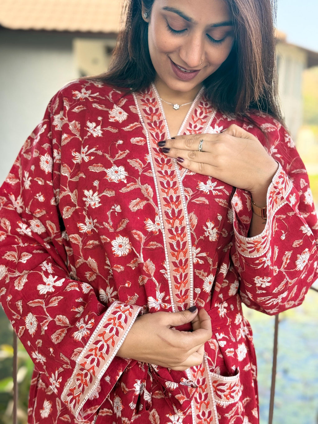 Hand Block Print Cotton Bathrobe, Natural Dye Kimono Robe, Lightweight Spa Robe, Handmade Gift for Her or Him