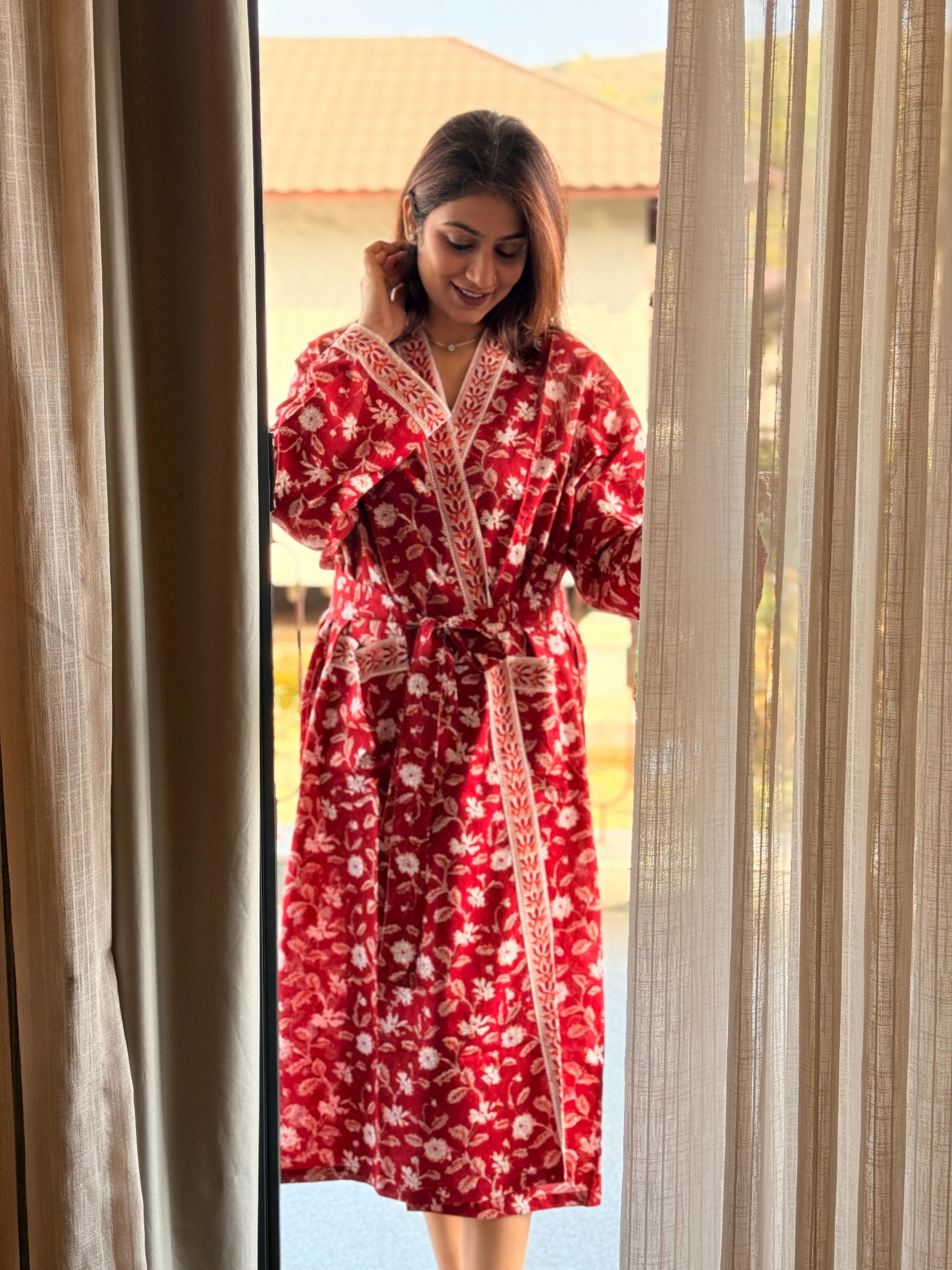 Hand Block Print Cotton Bathrobe, Natural Dye Kimono Robe, Lightweight Spa Robe, Handmade Gift for Her or Him