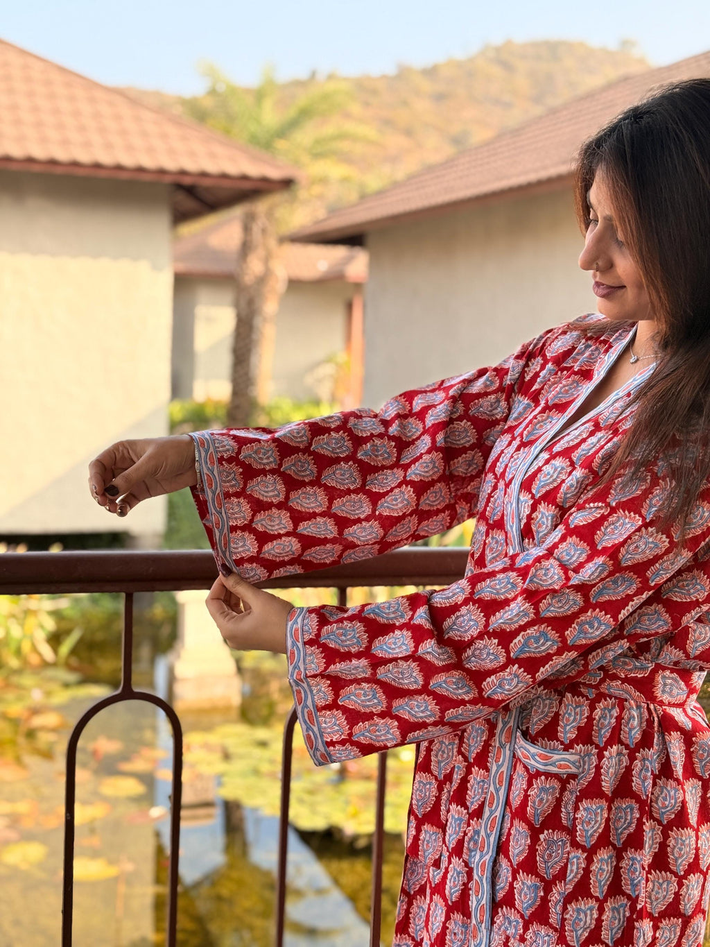 Hand Block Print Cotton Bathrobe, Natural Dye Kimono Robe, Lightweight Spa Robe, Handmade Gift for Her or Him