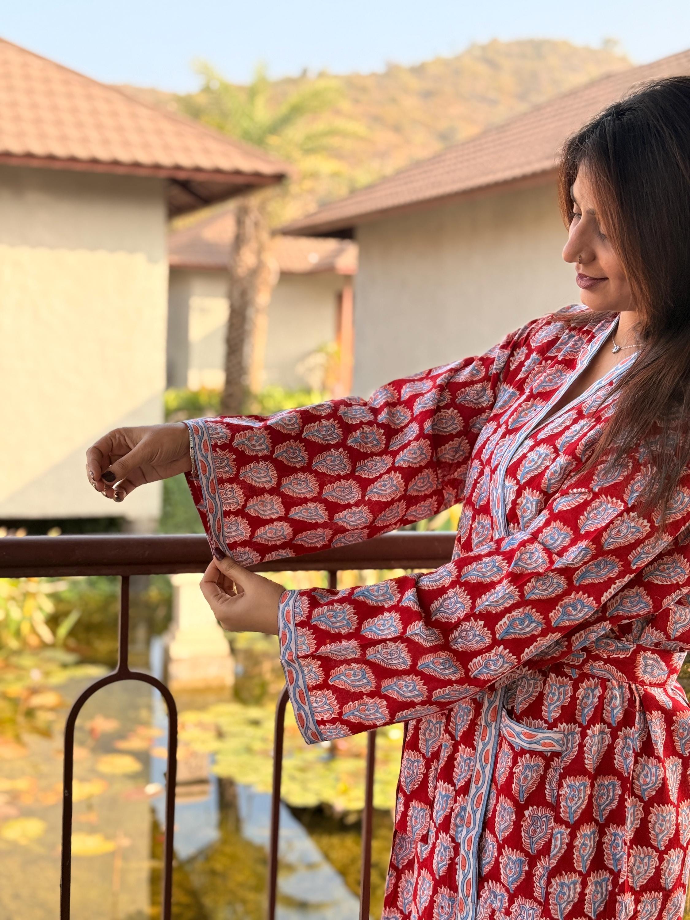 Hand Block Print Cotton Bathrobe, Natural Dye Kimono Robe, Lightweight Spa Robe, Handmade Gift for Her or Him