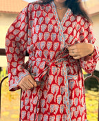 Hand Block Print Cotton Bathrobe, Natural Dye Kimono Robe, Lightweight Spa Robe, Handmade Gift for Her or Him