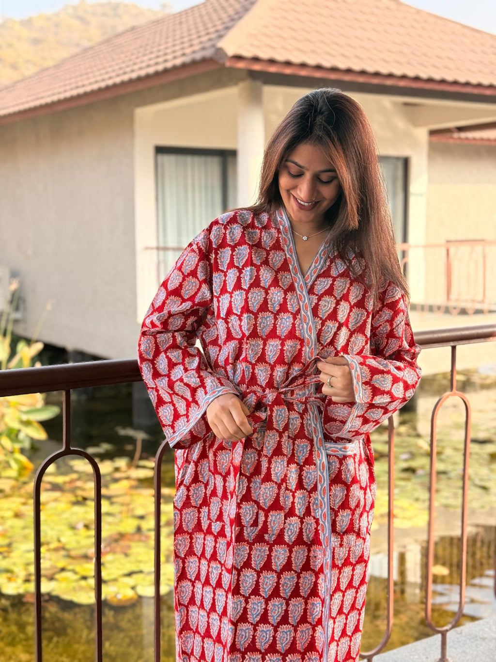Hand Block Print Cotton Bathrobe, Natural Dye Kimono Robe, Lightweight Spa Robe, Handmade Gift for Her or Him