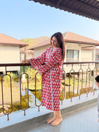Hand Block Print Cotton Bathrobe, Natural Dye Kimono Robe, Lightweight Spa Robe, Handmade Gift for Her or Him