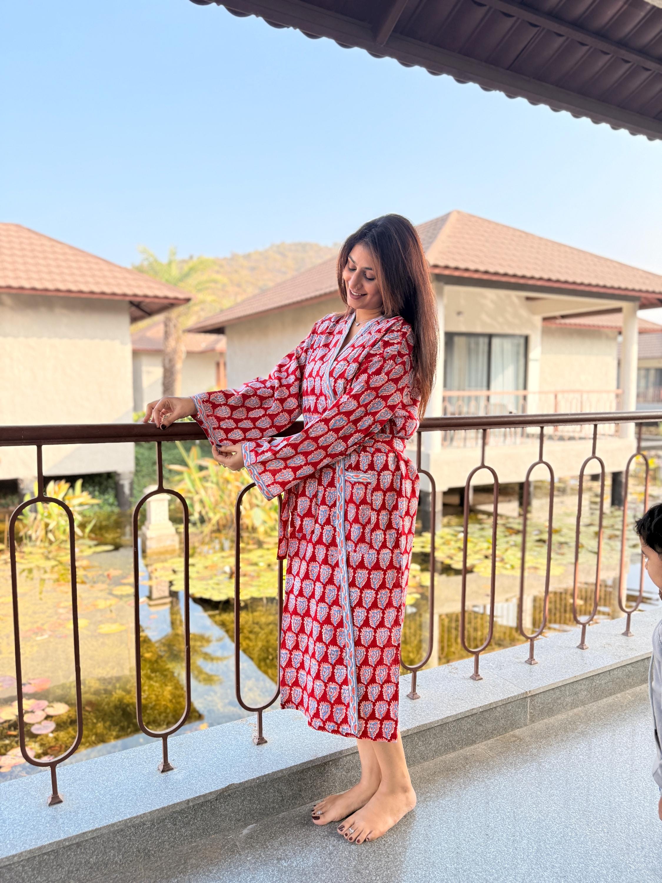 Hand Block Print Cotton Bathrobe, Natural Dye Kimono Robe, Lightweight Spa Robe, Handmade Gift for Her or Him