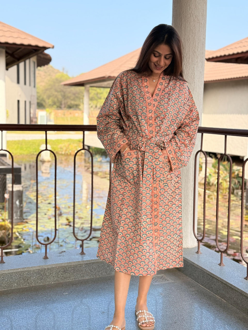 Hand Block Print Cotton Bathrobe, Natural Dye Kimono Robe, Lightweight Spa Robe, Handmade Gift for Her or Him