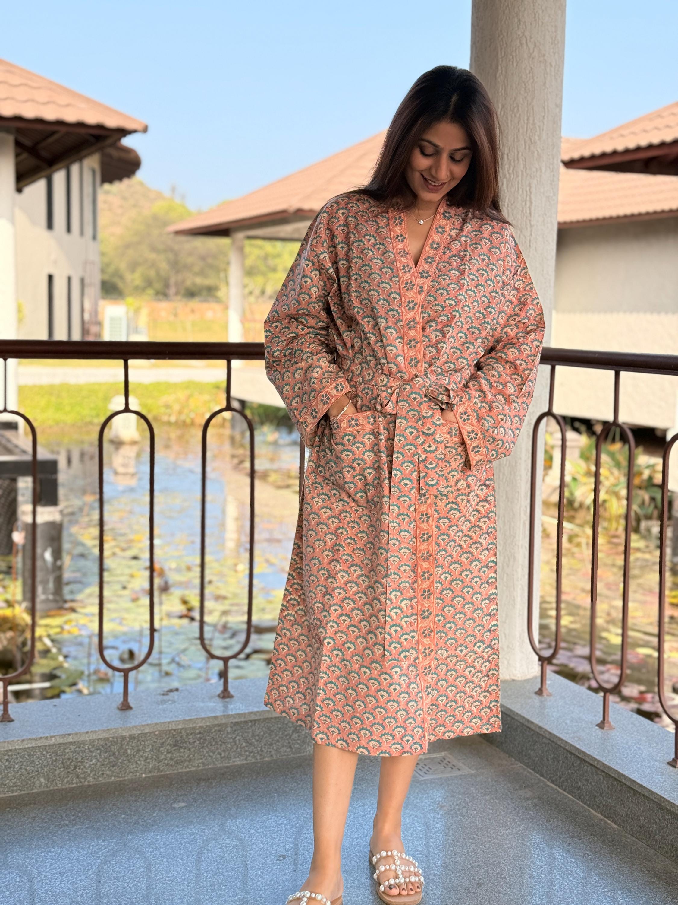 Hand Block Print Cotton Bathrobe, Natural Dye Kimono Robe, Lightweight Spa Robe, Handmade Gift for Her or Him