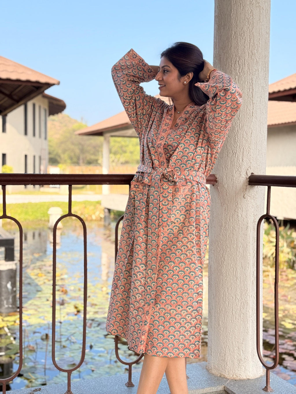 Hand Block Print Cotton Bathrobe, Natural Dye Kimono Robe, Lightweight Spa Robe, Handmade Gift for Her or Him