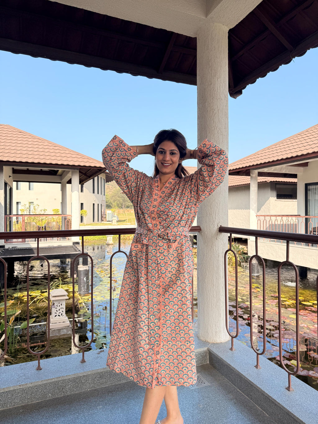 Hand Block Print Cotton Bathrobe, Natural Dye Kimono Robe, Lightweight Spa Robe, Handmade Gift for Her or Him