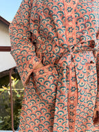 Hand Block Print Cotton Bathrobe, Natural Dye Kimono Robe, Lightweight Spa Robe, Handmade Gift for Her or Him