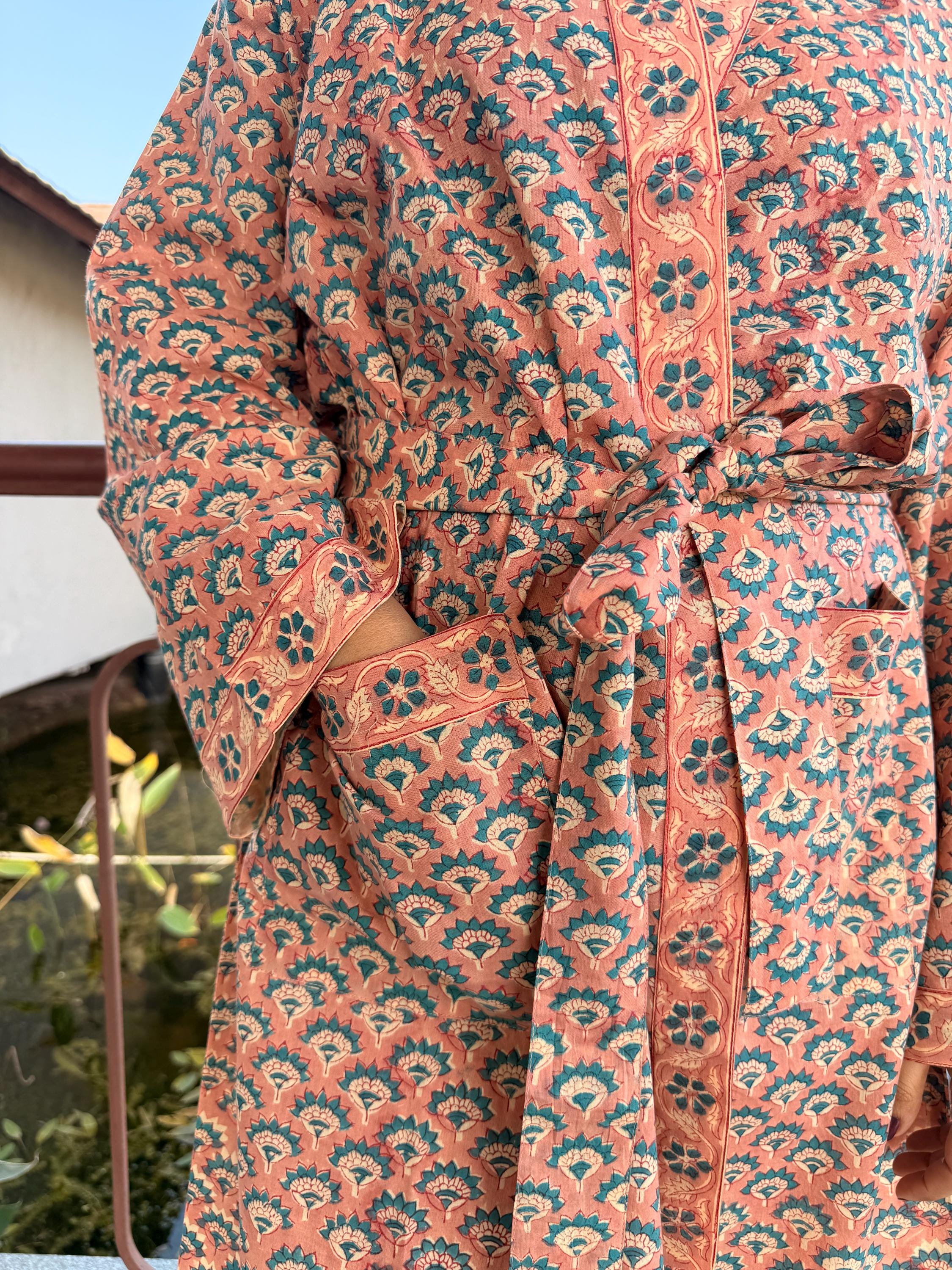 Hand Block Print Cotton Bathrobe, Natural Dye Kimono Robe, Lightweight Spa Robe, Handmade Gift for Her or Him