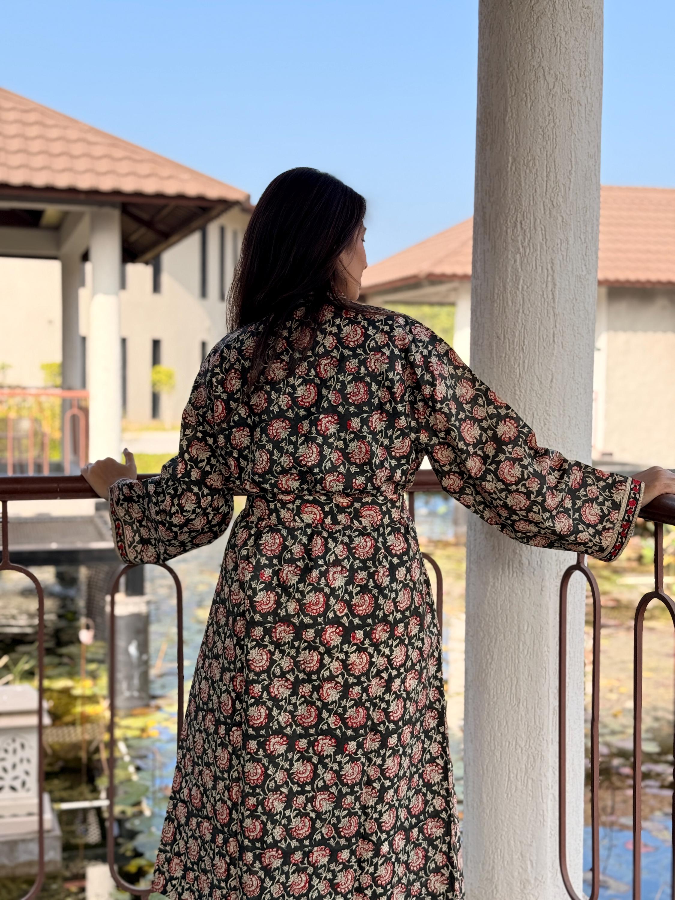Hand Block Print Cotton Bathrobe, Natural Dye Kimono Robe, Lightweight Spa Robe, Handmade Gift for Her or Him