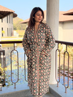Hand Block Print Cotton Bathrobe, Natural Dye Kimono Robe, Lightweight Spa Robe, Handmade Gift for Her or Him