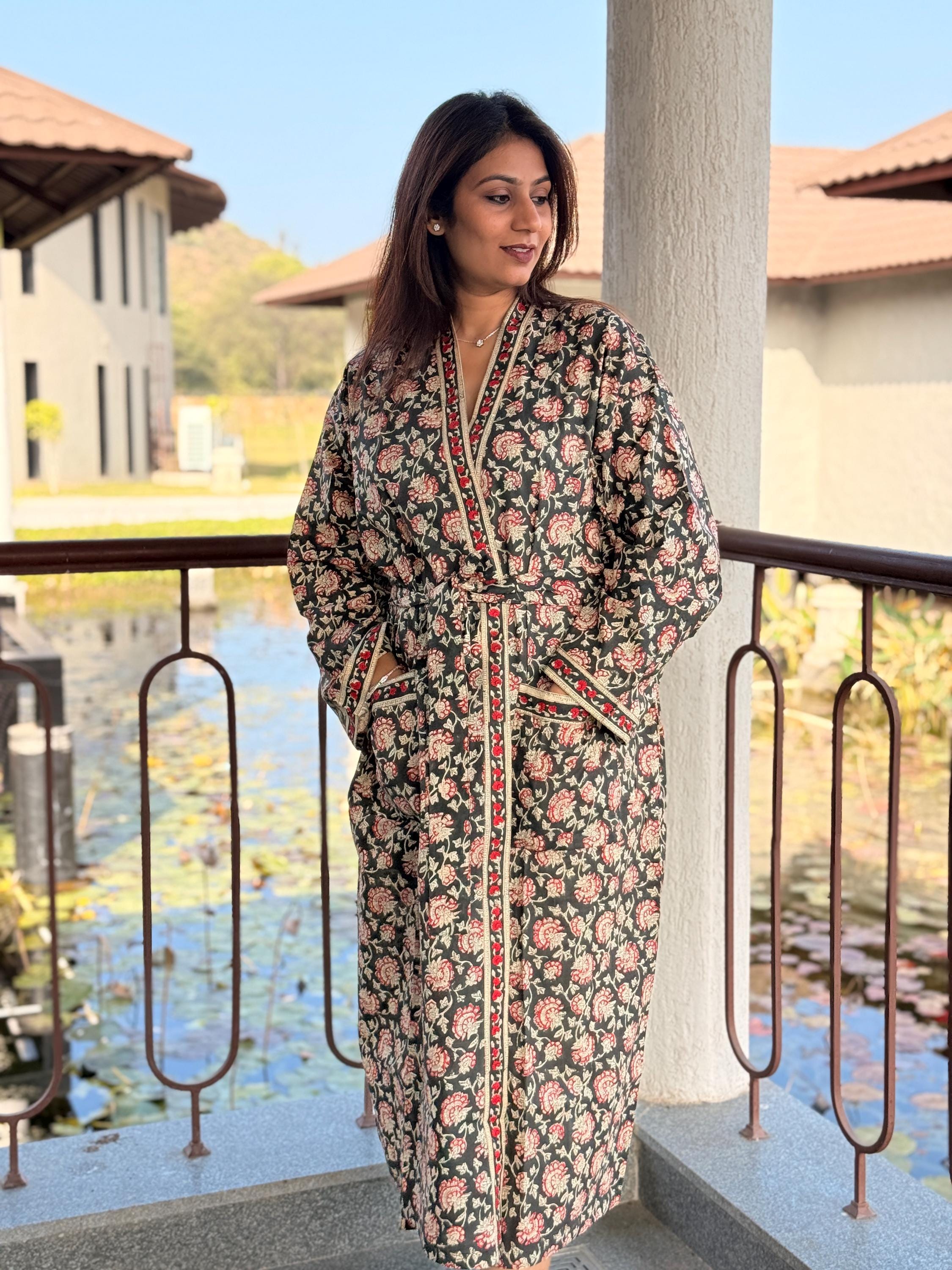 Hand Block Print Cotton Bathrobe, Natural Dye Kimono Robe, Lightweight Spa Robe, Handmade Gift for Her or Him