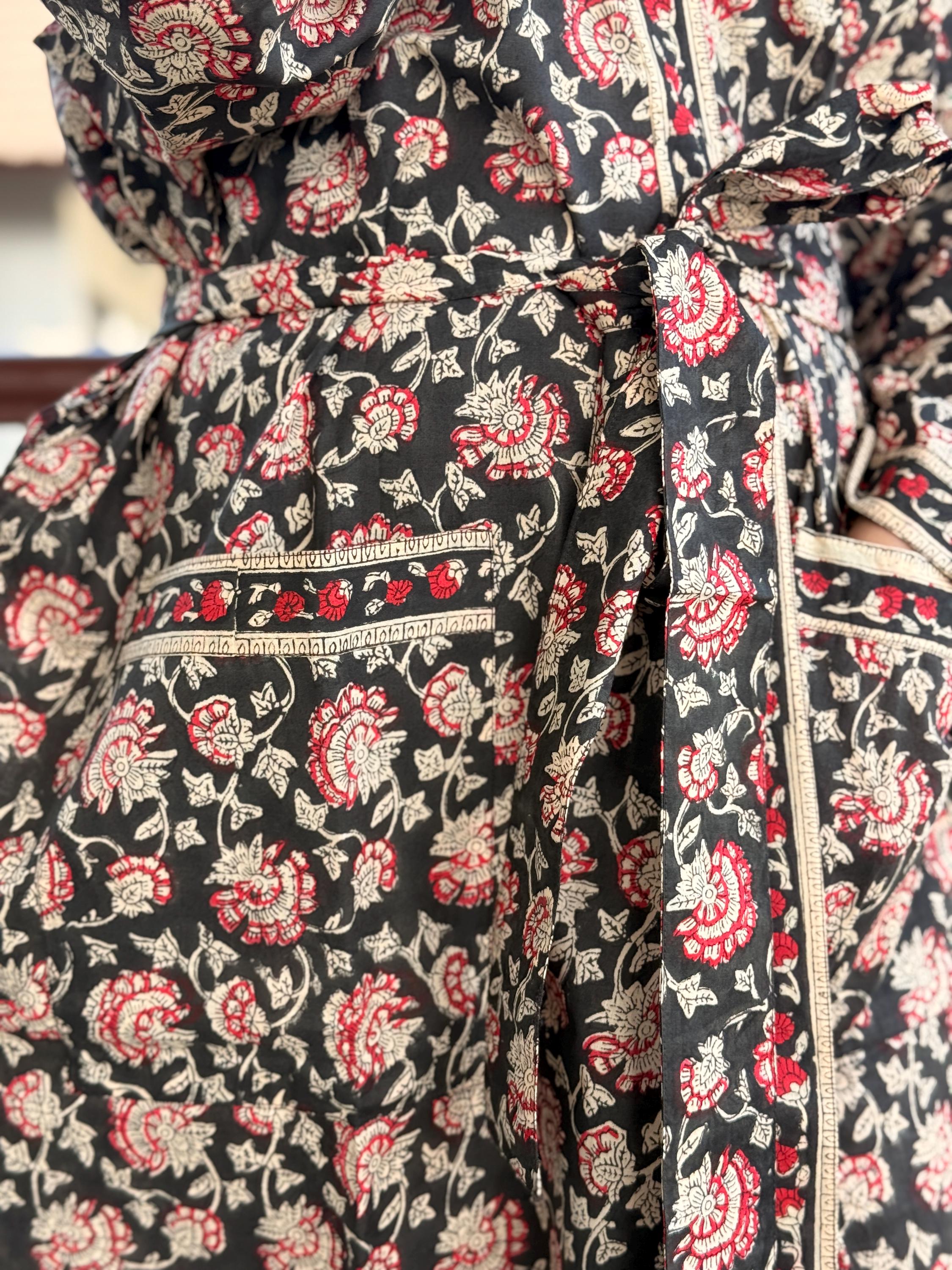 Hand Block Print Cotton Bathrobe, Natural Dye Kimono Robe, Lightweight Spa Robe, Handmade Gift for Her or Him