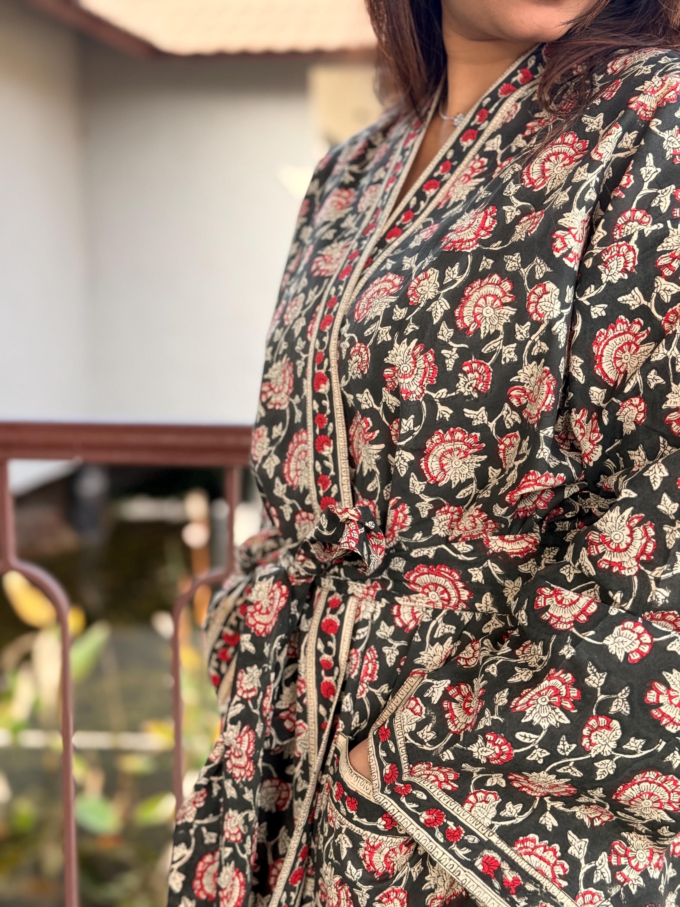 Hand Block Print Cotton Bathrobe, Natural Dye Kimono Robe, Lightweight Spa Robe, Handmade Gift for Her or Him