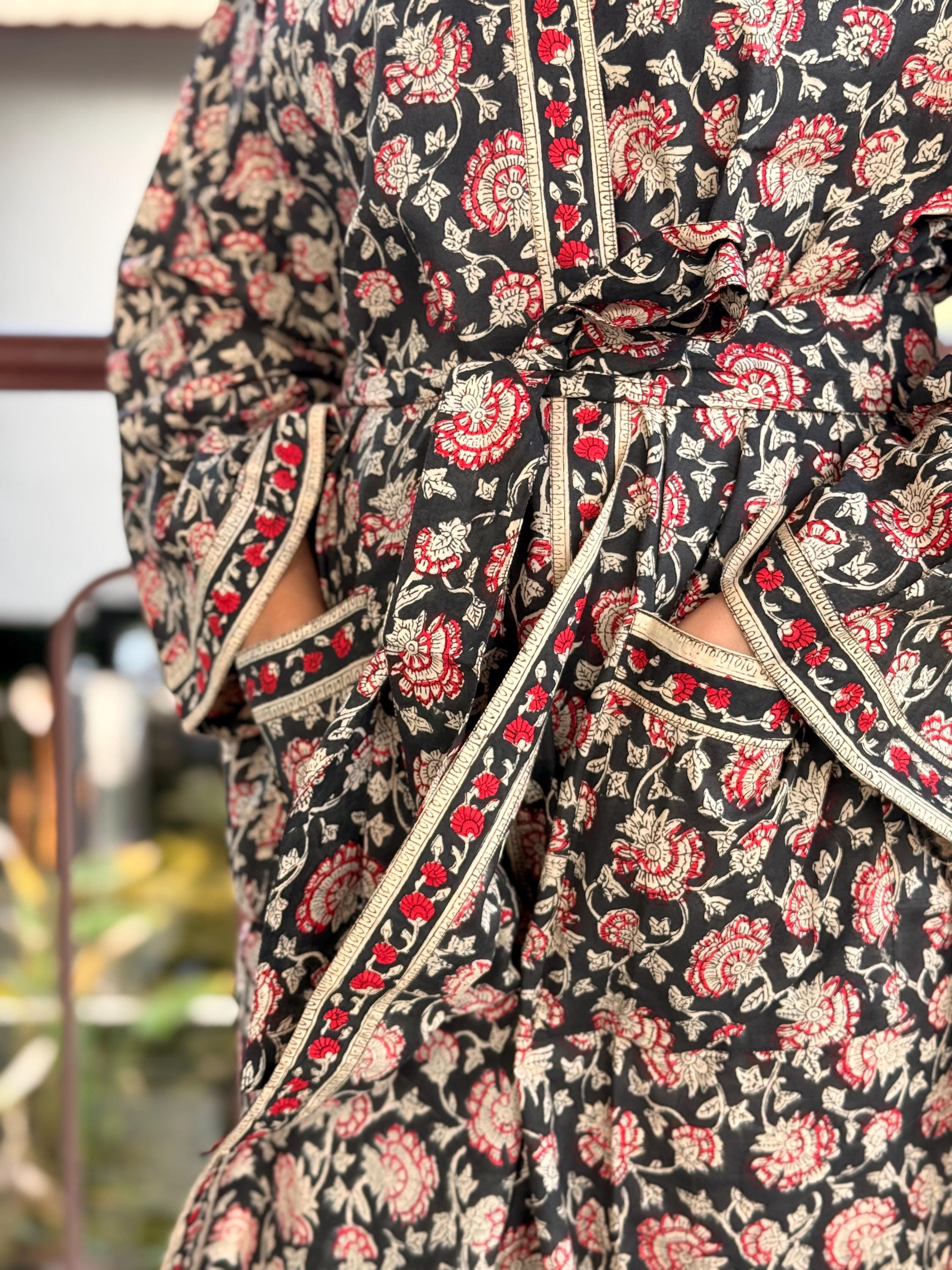 Hand Block Print Cotton Bathrobe, Natural Dye Kimono Robe, Lightweight Spa Robe, Handmade Gift for Her or Him