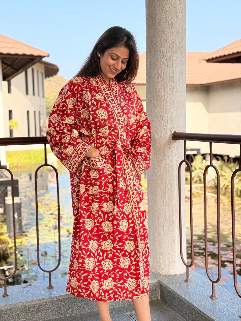 Hand Block Print Cotton Bathrobe, Natural Dye Kimono Robe, Lightweight Spa Robe, Handmade Gift for Her or Him