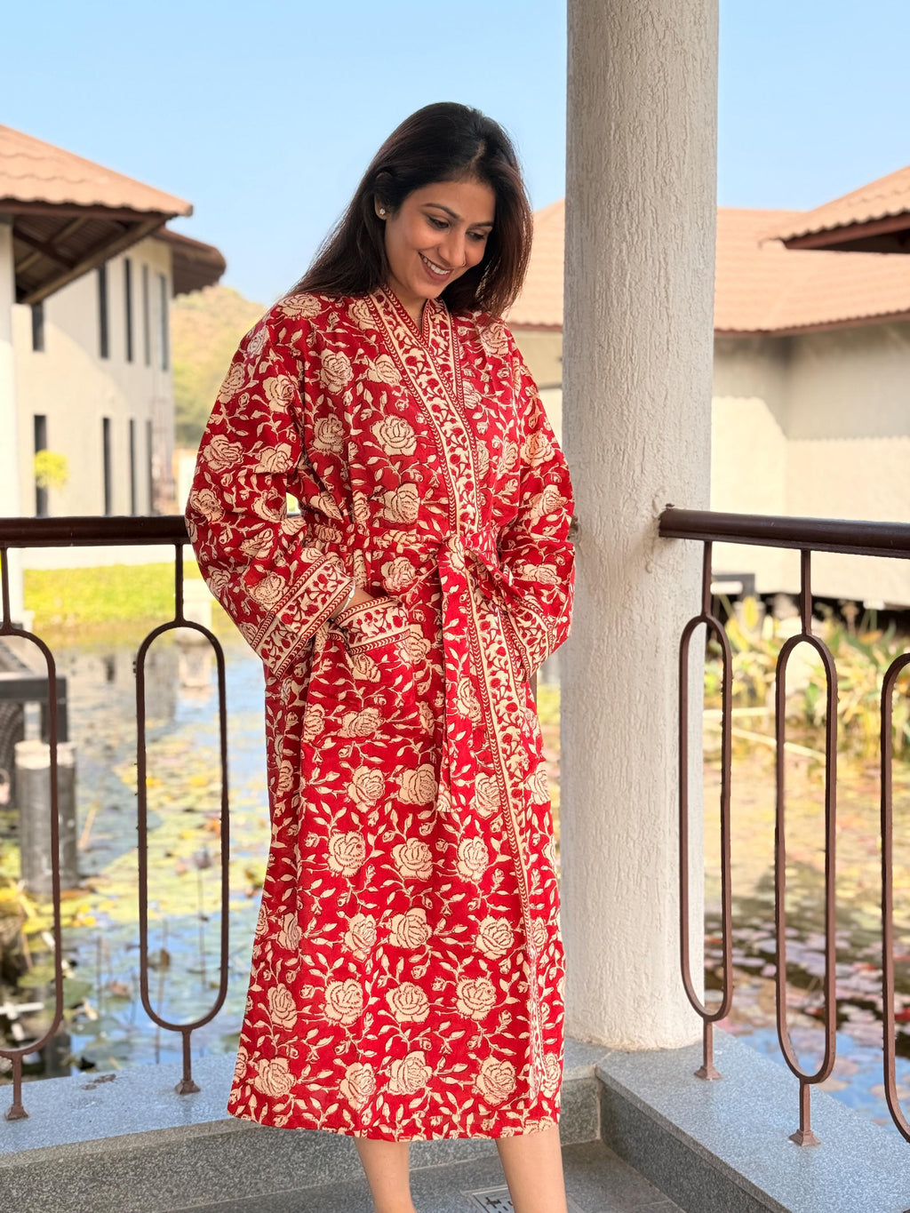 Hand Block Print Cotton Bathrobe, Natural Dye Kimono Robe, Lightweight Spa Robe, Handmade Gift for Her or Him