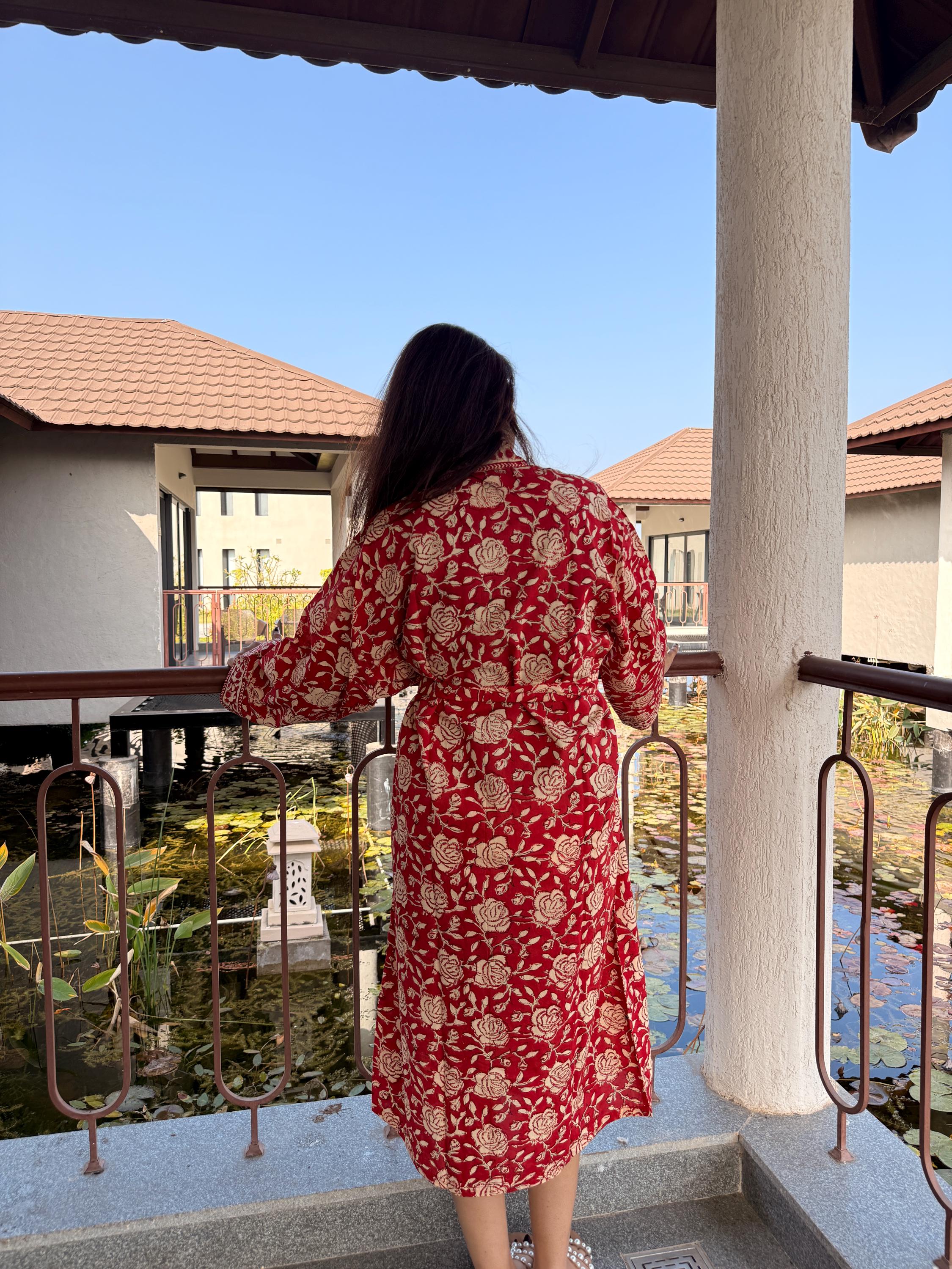 Hand Block Print Cotton Bathrobe, Natural Dye Kimono Robe, Lightweight Spa Robe, Handmade Gift for Her or Him