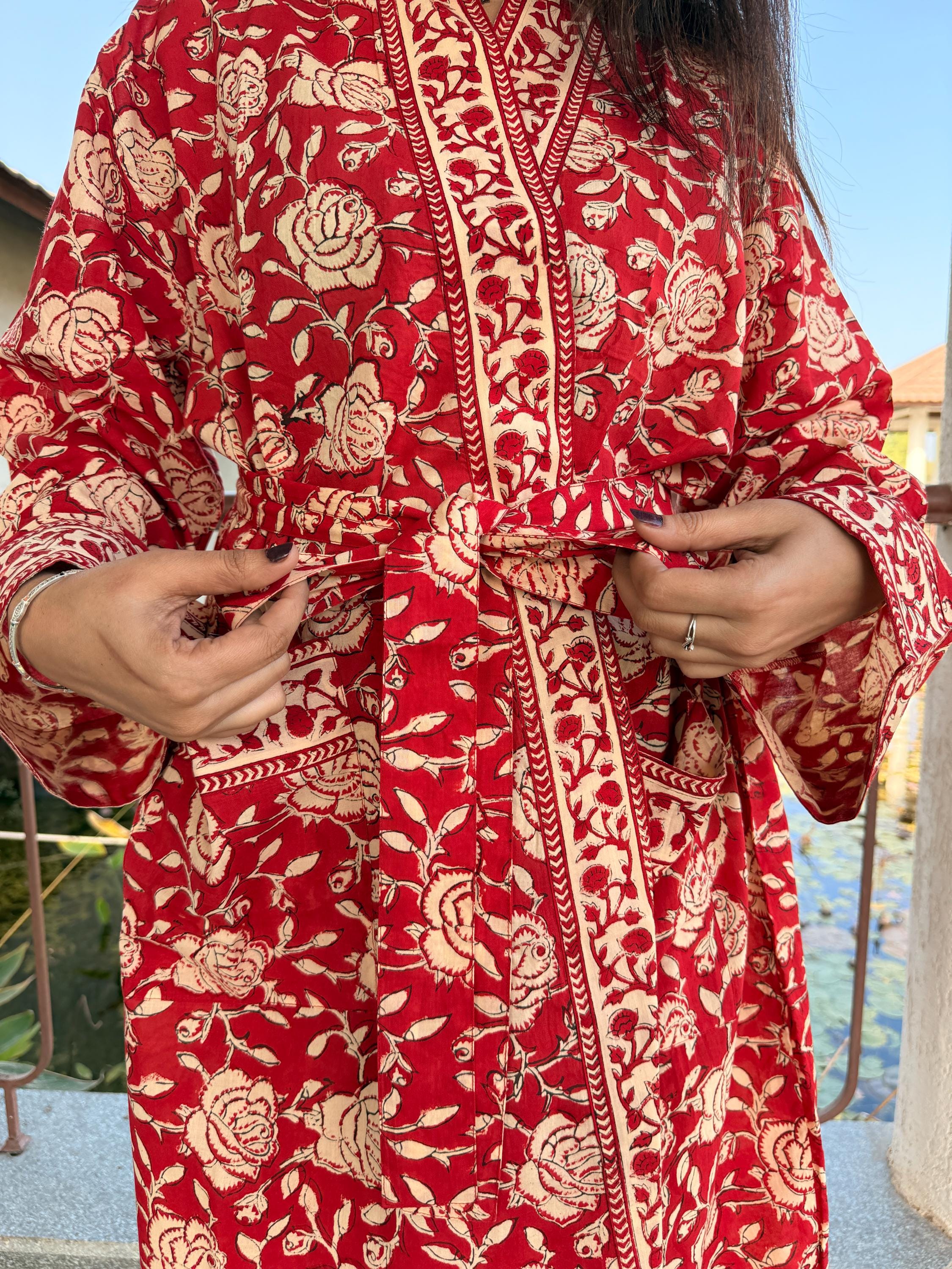 Hand Block Print Cotton Bathrobe, Natural Dye Kimono Robe, Lightweight Spa Robe, Handmade Gift for Her or Him