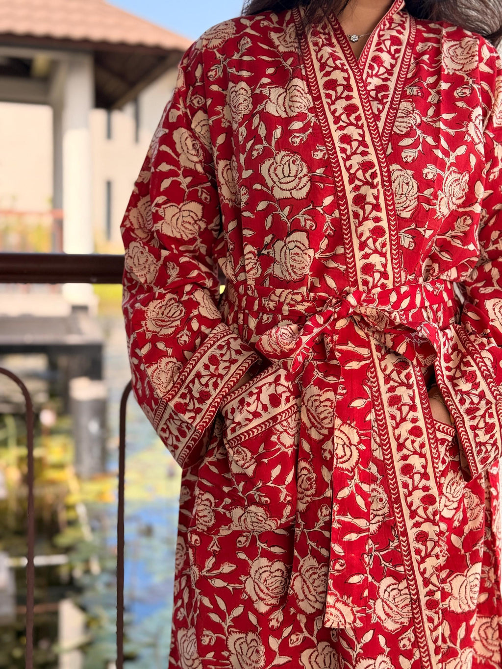 Hand Block Print Cotton Bathrobe, Natural Dye Kimono Robe, Lightweight Spa Robe, Handmade Gift for Her or Him